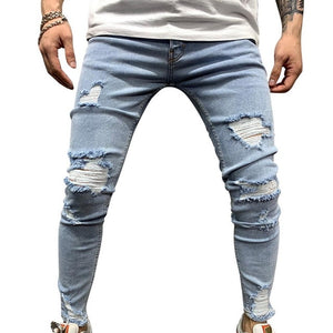 SFIT NEW Men Stretchy Ripped Skinny Biker Embroidery Print Slim Fit Jeans Destroyed Hole Taped Denim Scratched High Quality Jean