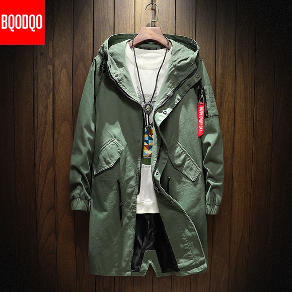 Cotton Autumn Black Hip Hop Long Trench Coat Men Japanese Spring Streetwear Casual Jackets Men's Hooded Army Green Windbreaker