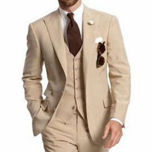 Beige Three Piece Business Party Best Men Suits Peaked Lapel Two Button Custom Made Wedding Groom Tuxedos 2019 Jacket Pants Vest