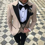 Pink With Black Lapel Suits for Men Custom Made Terno Slim Groom Custom 3 Piece Wedding Mens Suit Masculino(Jacket+Pant+Vest)