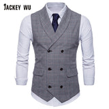 JACKEYWU Brand Vest Men England Style Small Plaid Double Breasted Waistcoat Business Social Formal Dress Suit Gilet Wedding Gray