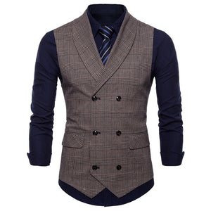 JACKEYWU Brand Vest Men England Style Small Plaid Double Breasted Waistcoat Business Social Formal Dress Suit Gilet Wedding Gray