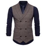 JACKEYWU Brand Vest Men England Style Small Plaid Double Breasted Waistcoat Business Social Formal Dress Suit Gilet Wedding Gray