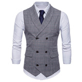 JACKEYWU Brand Vest Men England Style Small Plaid Double Breasted Waistcoat Business Social Formal Dress Suit Gilet Wedding Gray