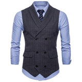 JACKEYWU Brand Vest Men England Style Small Plaid Double Breasted Waistcoat Business Social Formal Dress Suit Gilet Wedding Gray