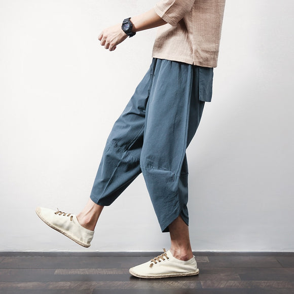 Sinicism Store Cotton Linen Mens Harem Pants Summer Male Casual Calf-Length Pants 2019 Solid Big Pocket Baggy Pants Trousers